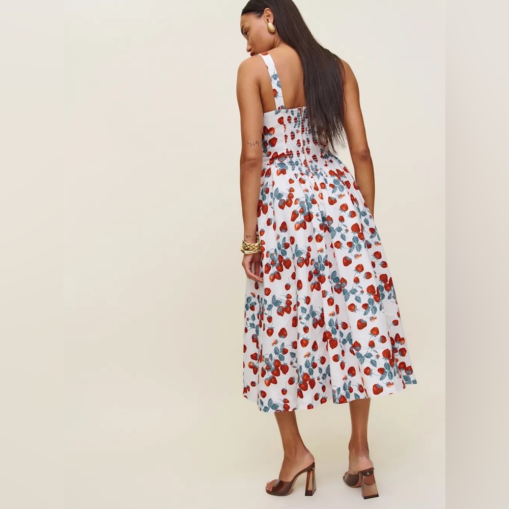 NEW Reformation Balia Midi Linen Dress in Strawberry Jam White Red | size 0 - Picture 3 of 14